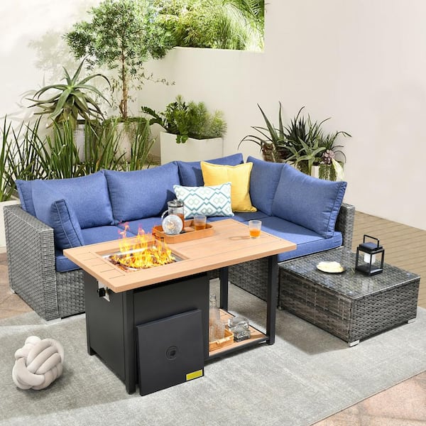 XIZZI Riley 6-Piece Wicker Patio Rectangular Fire Pit Set with Denim ...