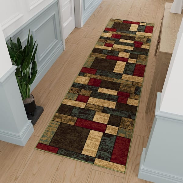 Ottohome Collection Non-Slip Rubberback Boxes Design 3x10 Indoor Runner Rug, 2 ft. 7 in. x 9 ft. 10 in., Multicolor