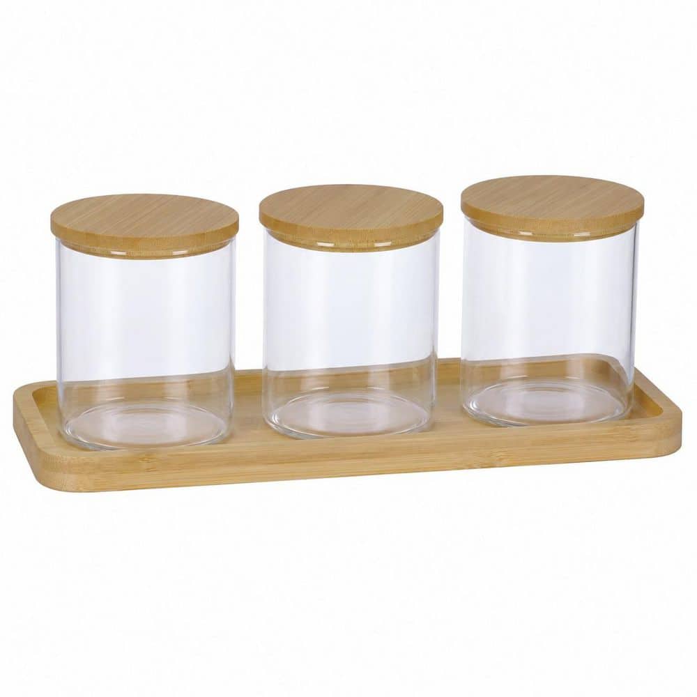 3-Pack Clear Glass Apothecary Jars with Bamboo Lids and Vanity Tray, Bathroom Countertop Organizer Qtip price history on PriceWatchPro