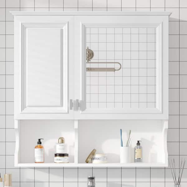 30 in. W x 28 in. H White Rectangular Solid Wood Frame Medicine Cabinet with Mirror, Adjustable Shelf