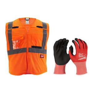 Large/X-Large Orange Class 2 Breakaway Mesh High Vis Safety Vest and Large Red Nitrile Cut Level 1 Dipped Work Gloves