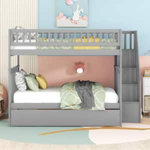 Full Over Full Bunk Beds with Trundle and Stairs,Detachable Wood Bunk bed Frame with Storage Shelves for Kids Teens,Gray