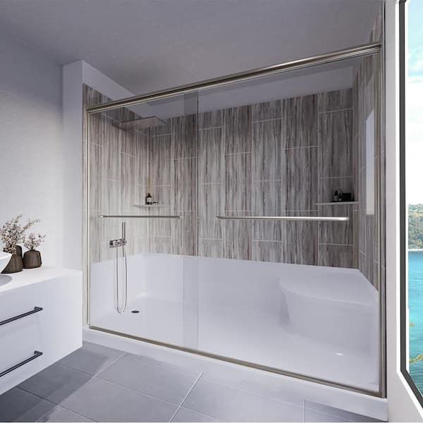 NuVo Driftwood-Rainier 60 in. L x 32 in. W x 83 in. H Base/Wall/Door Seated Base Alcove Shower Stall/Kit Brushed Nickel Left