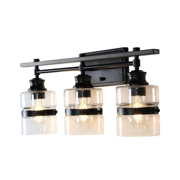23 in. 3-Light Matte Black Modern Vanity Light with Clear Glass Shades, Bathroom Wall Lamp for Mirror
