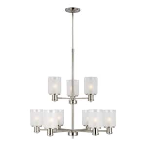 Norwood 9-Light Brushed Nickel Modern Transitional Hanging Chandelier with Clear Highlighted Satin Etched Glass Shades