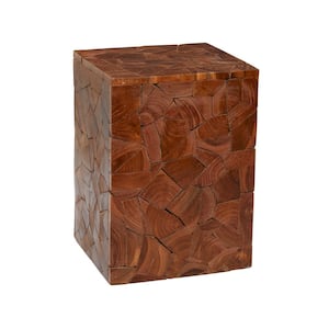 12 in. Brown Handmade Medium Square Wood End Accent Table with Mosaic Wood Chip Design