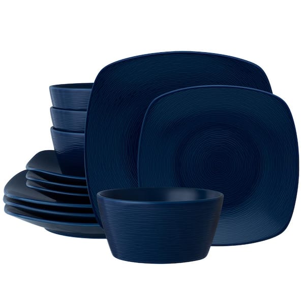 Noritake Colorscapes Navy-on-Navy Swirl 12-Piece (Blue) Porcelain Square Dinnerware Set, Service for 4