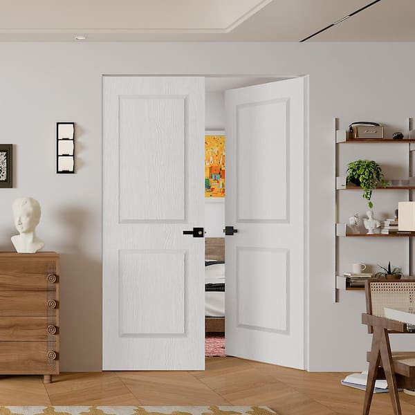 56 in. x 80 in. 2 Panel, Hollow Core, Composite, White Primed, Interior Door Slab with Black Lever Handle