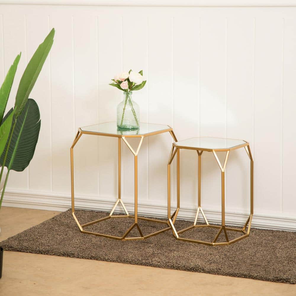 Gold Metal and Glass Nesting Coffee Tables Set