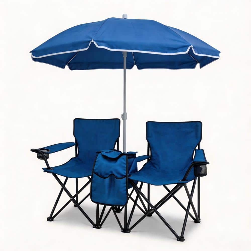 3-Piece Fabric Outdoor Portable Double Folding Beach Chair Set with Cup Holders, Serving Bar Set and Umbrella in Blue price history on PriceWatchPro