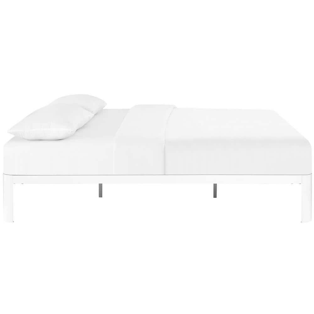 White Full Metal Bed Frame with Wood Slats