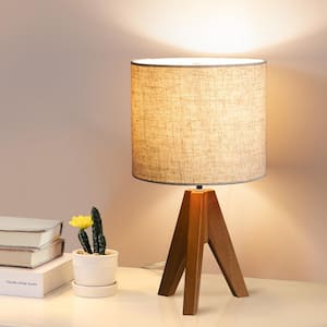 14.2 in. Light Brown Wooden Tripod Table Lamp with Fabric Shade