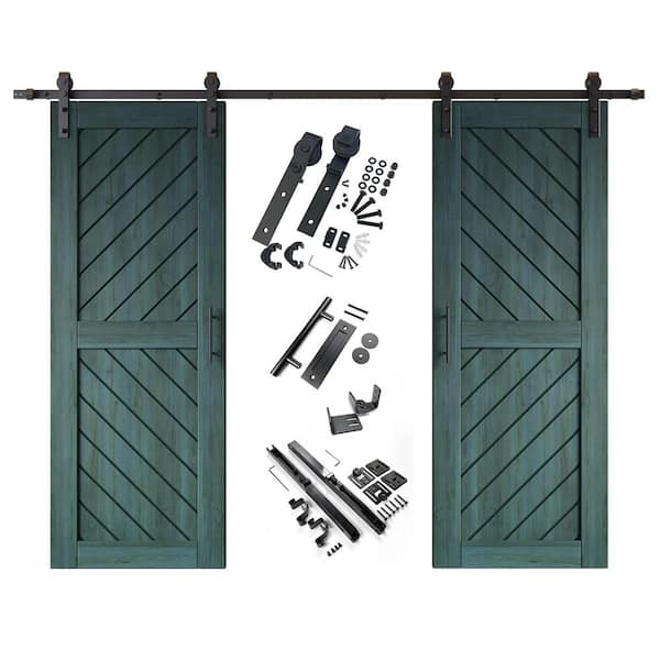 XT3 26 in. x 80 in. C-Panel Royal Pine Slanted Stripe Design Double Pine Wood Sliding Barn Door with Hardware Kit