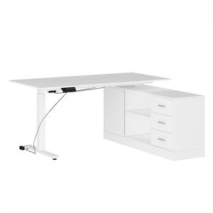 63 in. Width L-Shape White Wooden 3-Drawer Writing Desk with Adjustable Height, Open Shelves & A Door Storage Cabinet