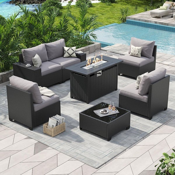 Black 7-Piece Wicker Rattan Patio Conversation Set with Fire Pit Sectional Seating with Gray Cushions