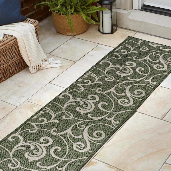 JONATHAN Y Maribel Green/Cream 2 ft. x 8 ft. Traditional Classic All-Over Scroll Indoor/Outdoor Runner Rug