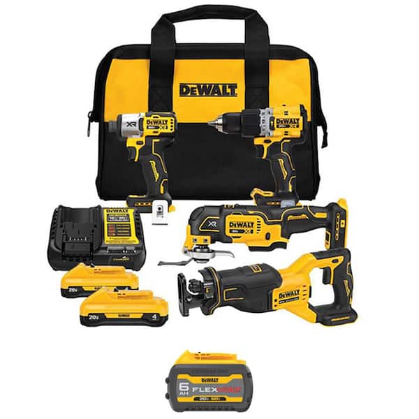 20V MAX Lithium-Ion Cordless 4-Tool Combo Kit with FLEXVOLT 6. 0Ah Battery Pack, (2) 4 Ah Batteries and Charger