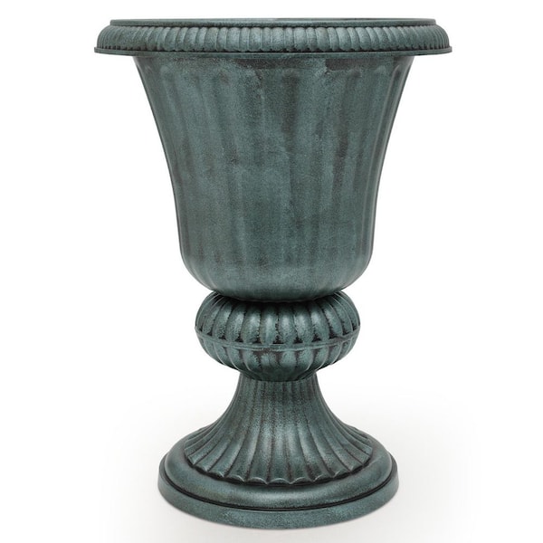 Dark Green Plastic Outdoor Round Floor Planter Garden Porch Roman-Style Decorative Flower Pot (14.5 in. W x 20 in. H)
