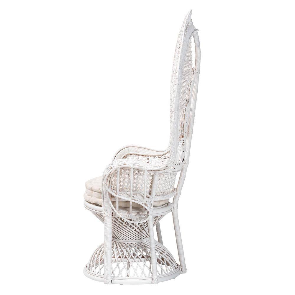 White Handcrafted Rattan Peacock Accent Chair with Upholstered Cushion