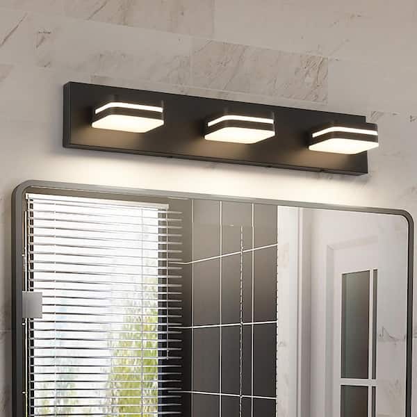 23.62 in. 3 Light Black Bathroom LED Vanity Light with 5-CCT Adjustable Switch and Acrylic Lampshade