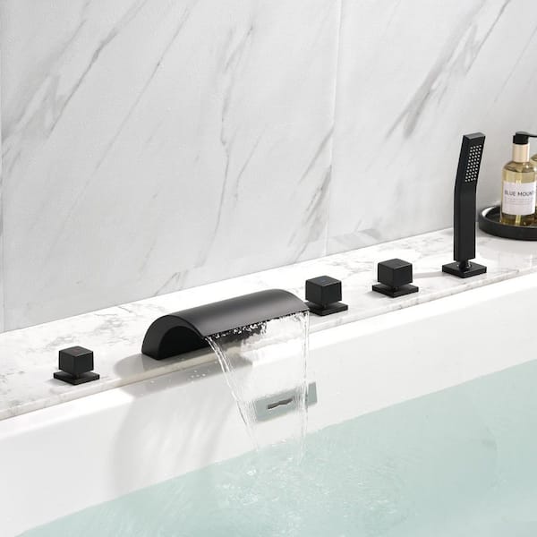 3-Handle Deck-Mount Waterfall Roman Tub Faucet with Hand Shower in Matte Black