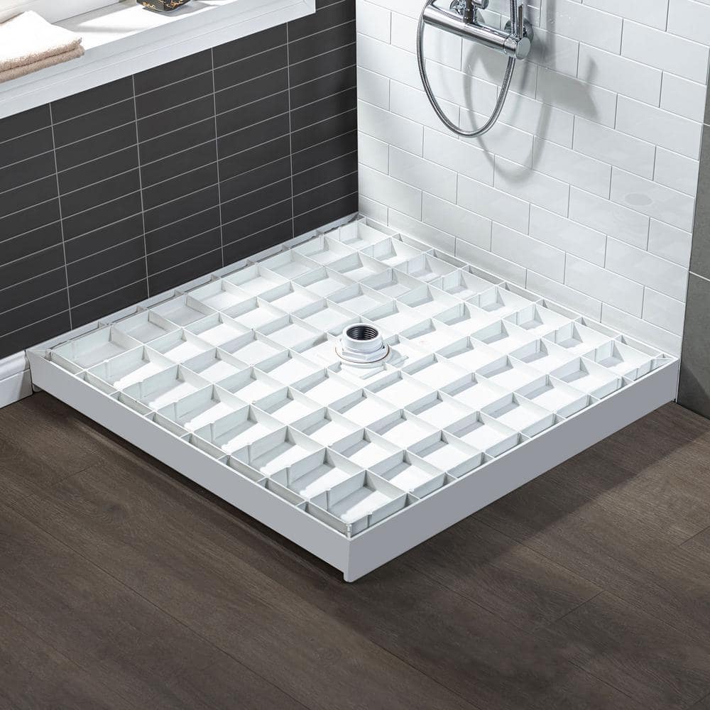 36" White Solid Surface Shower Pan Base with Brushed Gold Drain Cover