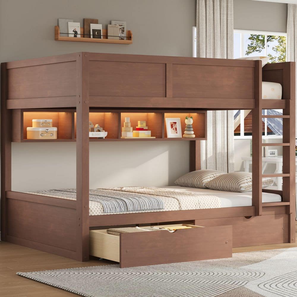 Harper & Bright Designs Brown Full XL Over Full XL Wood Bunk Bed with ...