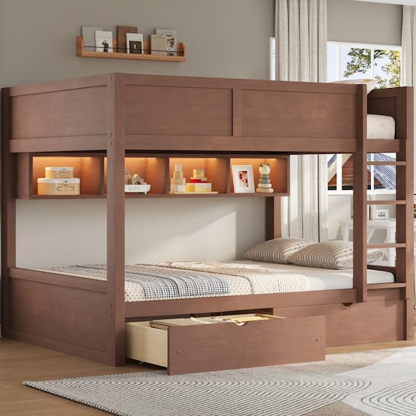 Brown Full XL Over Full XL Wood Bunk Bed with Drawers and LED Lighted Storage Shelves