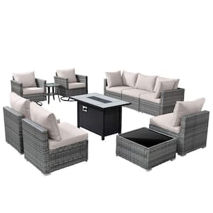 Sanibel Gray 11-Piece Wicker Patio Conversation Fire Pit Sectional Sofa Set with Swivel Chairs and Beige Cushions