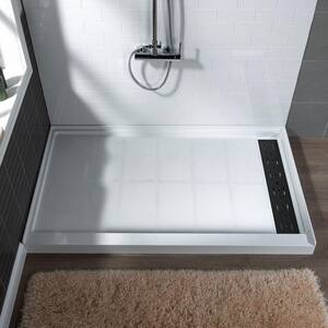 Krasik 48 in. L x 36 in. W Alcove Solid Surface Shower Pan Base with Right Drain in White with Matte Black Cover