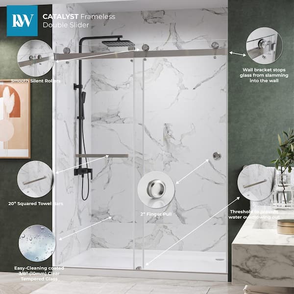 Kobiworks CatalystFP 60 in. W x 76 in. H Double Sliding Frameless Shower Door in Brushed Nickel with 3/8 in. Clear Glass