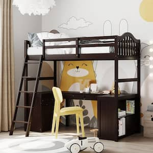 Espresso Twin Size Wooden Loft Bed with Drawers, Cabinet, Shelves and Desk