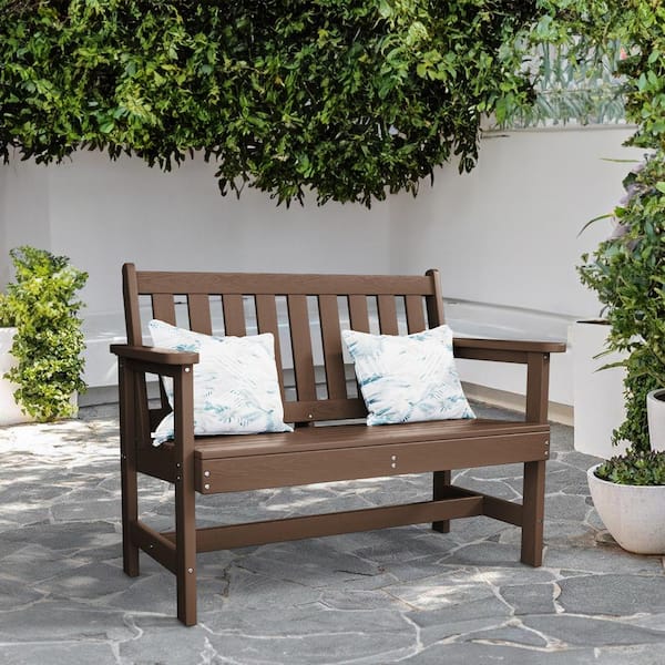 JEAREY Garden Bench All-Weather HDPE 2-Person Plastic Outdoor Bench in Brown