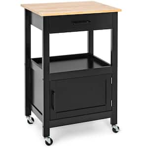 22 in. L Black Small Rubber Wood Countertop Rolling Kitchen Cart with Drawer, Cabinet