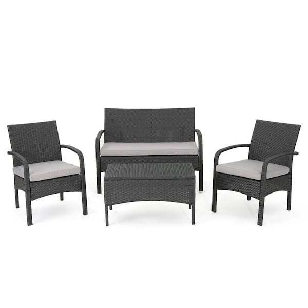 Tadeo Gray 4-Piece Faux Rattan Patio Conversation Set with Silver Cushions
