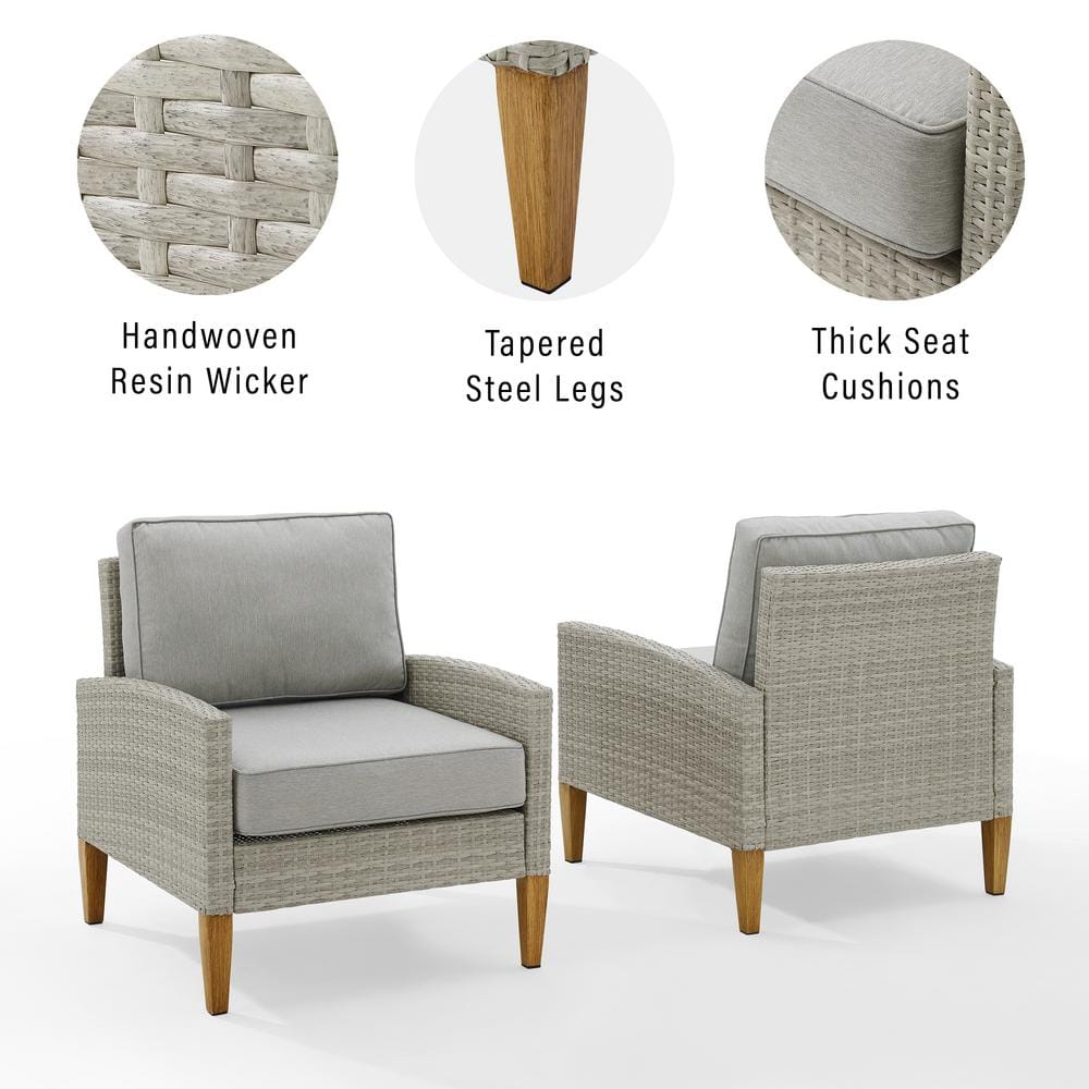 Gray Wicker Outdoor Accent Chairs with Cushions, 2-Piece Set