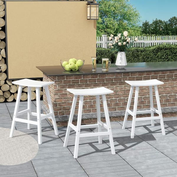 Franklin White 29 in. Poly HDPE Fade Resistant Outdoor Patio Saddle Seat Pub Height Bar Stool (Set of 3)