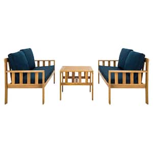 Lardner Natural Brown 3-Piece Wood Patio Conversation Set with Navy Cushions