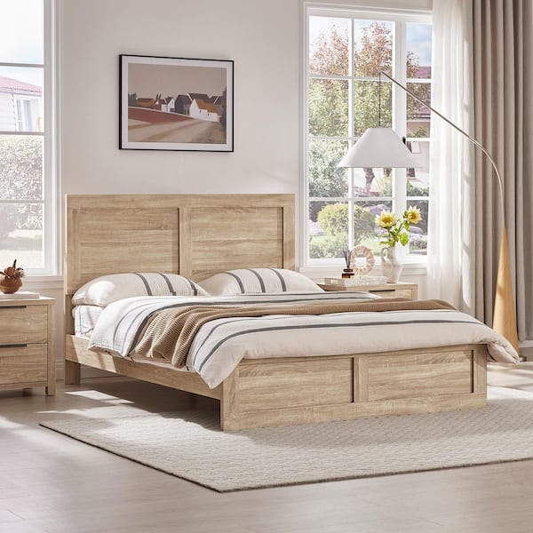 Talia Brown Wood Frame Queen Platform Bed with High Headboard Design, Solid Wood Legs, Sound-Absorbing Foam for Bedroom