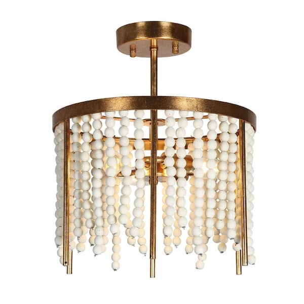 13 in. 3-Light Antique Gold Semi-Flush Mount Light with Weathered White Wood Beads