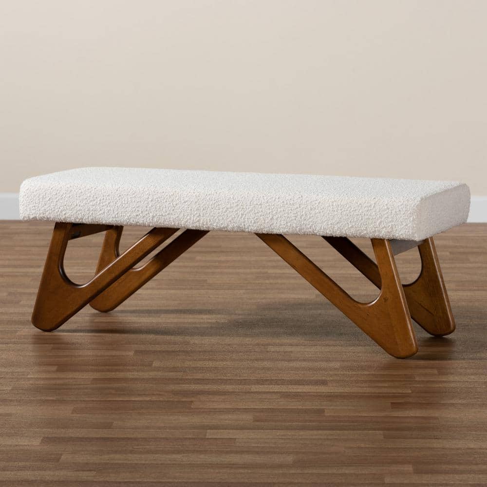 Rika Cream Boucle Fabric and Walnut Wood Bench