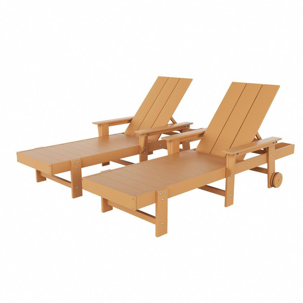 Teak Beige Plastic Outdoor Chaise Lounge Set with Arms and Wheels