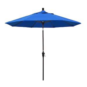 9 ft. Aluminum Market Auto Tilt Bronze Patio Umbrella in Royal Blue Olefin