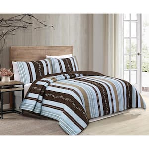 Stripped Sophisticated Floral Vine 3-Piece Blue Brown Tan Cream Embroidered Cotton King Quilt Bedding Set