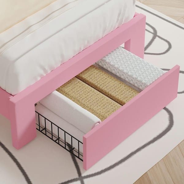 ベッドフレーム 160cm bed frame with drawers VECELO Bed Frame with Storage Drawer, Pink Metal Frame Twin