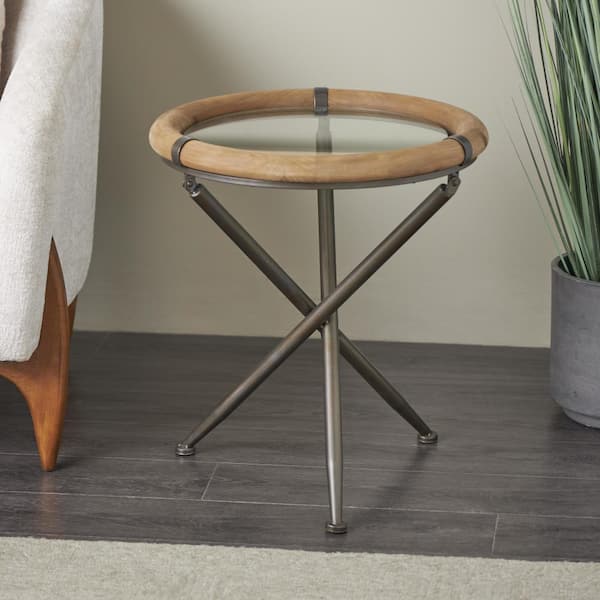 Litton Lane 20 in. Brass Round Large Round Glass End Table with Brown Wooden Framed Glass Tabletop