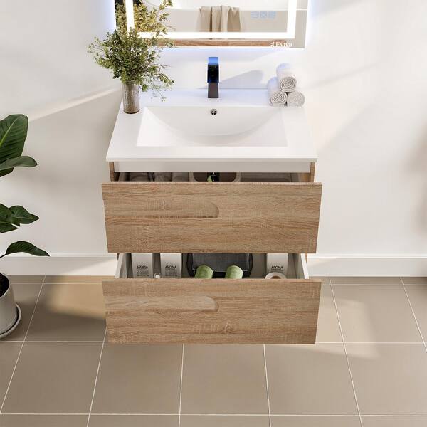 Eviva Joy 32 in. W x 18 in. D x 20.5 in. H Single Sink Floating Bath Vanity in Maple with White Porcelain Top