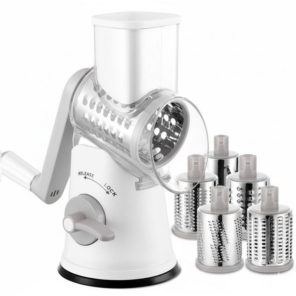 White Rotary Cheese Grater with Handle and Suction Base, Five Stainless Steel Blades for Vegetables and Nuts price history on PriceWatchPro