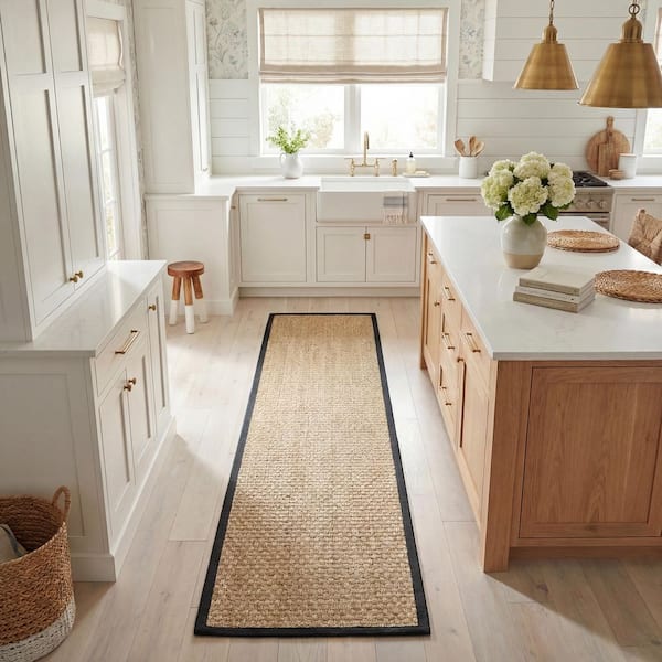 Natural Fiber Beige/Black 3 ft. x 8 ft. Border Runner Rug