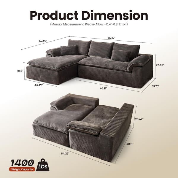 Allwex TOTO 112 in. Wide Arm 2-Piece Modern Plush Corduroy L-Shape